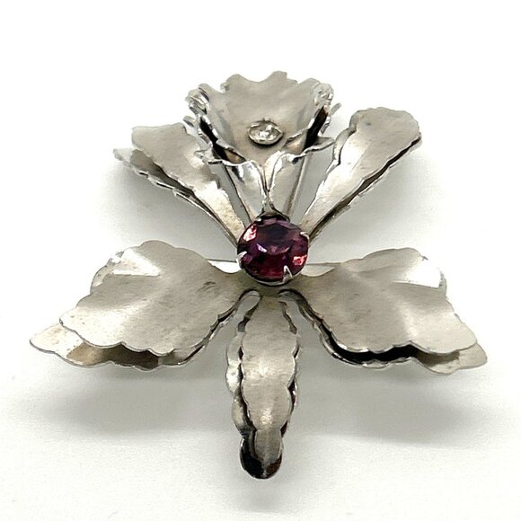 Vintage Silve Tone Brooch & Pendant Orchid With Purple & Clear Rhinestones - Picture 5 of 11